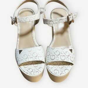 GUESS Preppy‎ Platform Y2K Chunky Women White Monogram Ankle Strap Buckle Heel